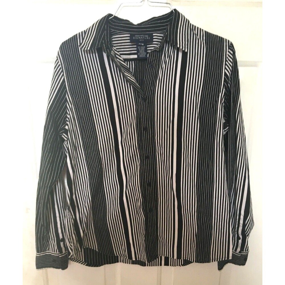 Jones NY Women's Button Down Blouse Black White Stripes P/M Long Sleeves EUC